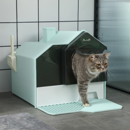 PawHut Hooded Cat Litter Tray w/ Scoop Light Blue