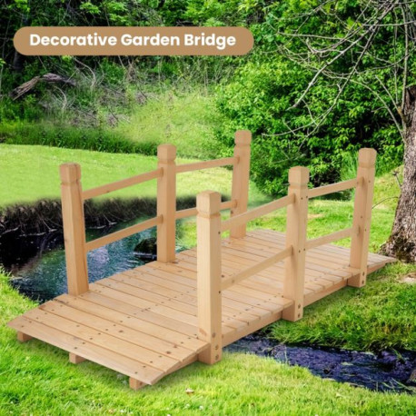 150 cm Wooden Garden Bridge with Double Safety Rails for Backyard Gravel Road