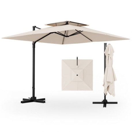 3M Square Cantilever Garden Parasol with 360° Rotation and Double Top