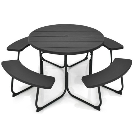 8-person Round Picnic Table Bench Set with 4 Benches and Umbrella Hole