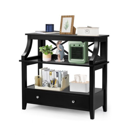 3-Tier X-Shaped Console Table with Drawer and Open Storage Shelves