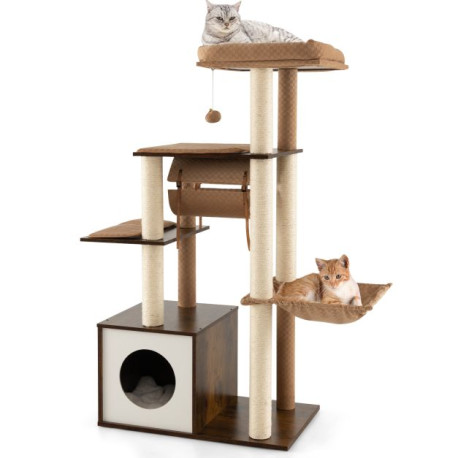 127cm Wood Cat Tree with Hammock and Swing Tunnel