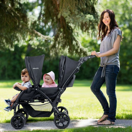 Double Pushchair with Adjustable Backrest and Sunshade