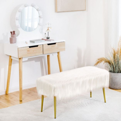 Rectangular Upholstered Furry Faux Fur Footrest with Golden Metal Legs