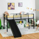 Sliding Loft Children Single Bed with Stairs and Safety Guardrails