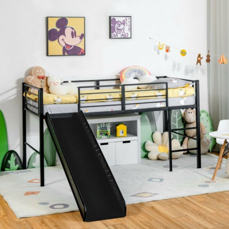 Sliding Loft Children Single Bed with Stairs and Safety Guardrails