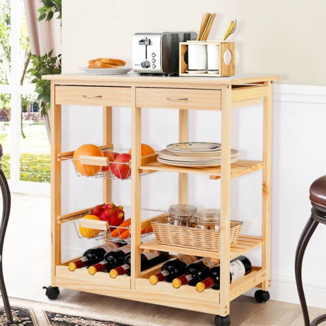 Wooden Rolling Kitchen Cart with Drawers Shelves Wire Baskets Wine Racks