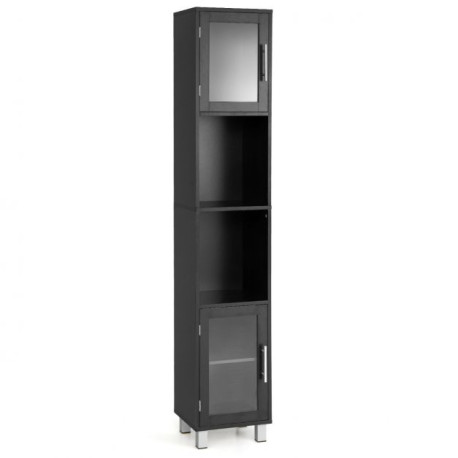 Freestanding Slim Wooden Bathroom Cabinet with Tempered Glass Doors