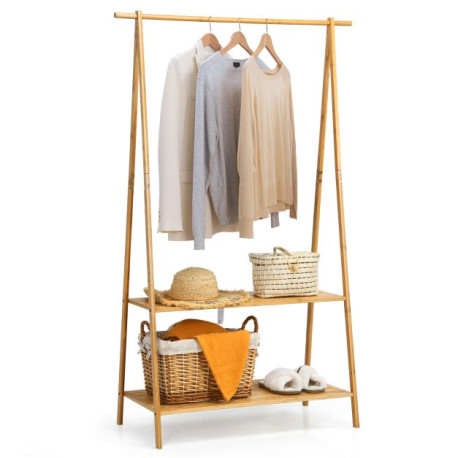 Bamboo Garment Rack with Hanging Rod 2 Shelves and Hooks