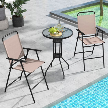 3 PCS Outdoor Bistro Set Patio Bar Table with 2 Folding Chairs