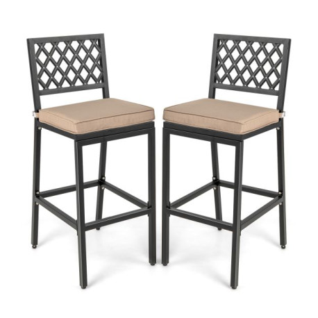 Set of 2 Metal Frame Patio Bar Stools with Detachable Cushion and Footrest