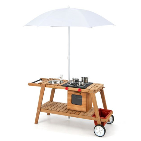 Wooden Kids Play Trolley with Umbrella and Storage Cabinet