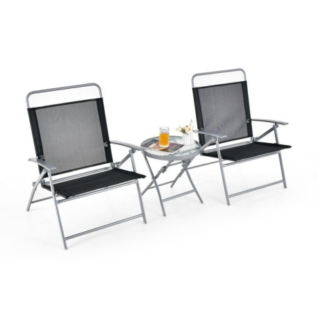 3 Pieces Foldable Patio Bistro Set with Glass Tabletop