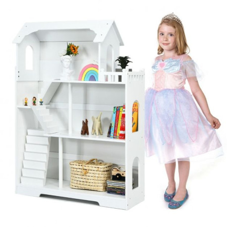 3-Tier Wooden Dollhouse Bookcase for Playroom Bedroom