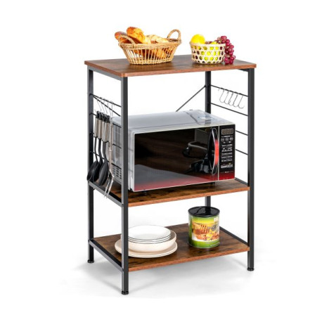 3-Tier Microwave Stand with 10 Hanging Hooks and Open Shelves