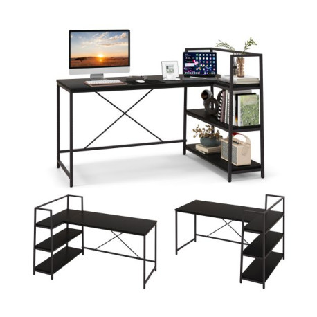 Reversible L-Shaped Computer Desk with Open Storage Shelves