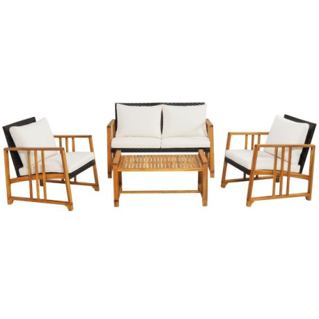 Outdoor Mix Brown Rattan Set with Acacia Wood Frame and Back Cushions