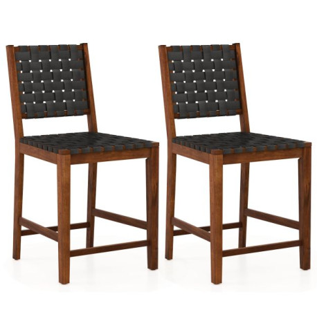 Woven Bar Stools Set of 2 with Faux PU Leather Straps