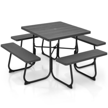 8-person Square Picnic Table Bench Set with 4 Benches and Umbrella Hole