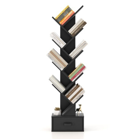 10-Tier Freestanding Tree Bookshelf with Drawer