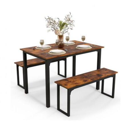 3 Pieces Space-Saving Dining Breakfast Table Set with 2 Benches