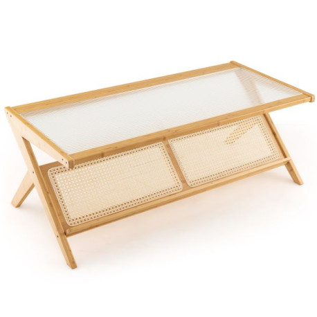 Bamboo Coffee Table with Glass Tabletop