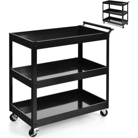 3 Shelf Rolling Metal Utility Cart with Ergonomic Handle