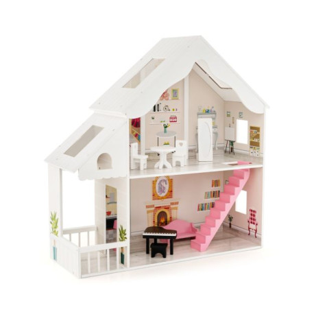 Kids Wooden Dollhouse with Simulated Rooms and Furniture Set