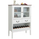 Wooden Kitchen Sideboard with Wine Rack 2 Glass Doors and Drawers