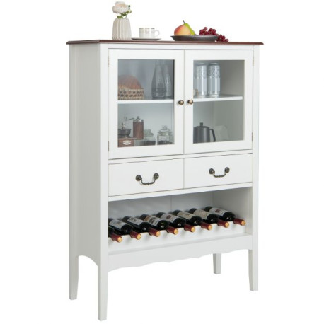 Wooden Kitchen Sideboard with Wine Rack 2 Glass Doors and Drawers