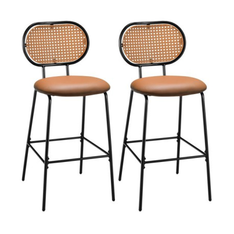 Set of 2 PU Leather Bar Stools with Rattan Backrest and Footrest