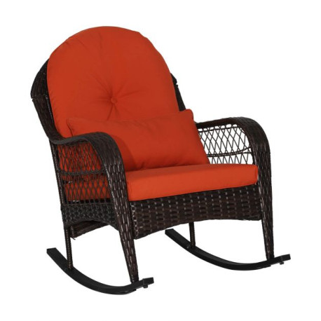 Patio Rattan Rocking Chair with Seat Back Cushions and Waist Pillow