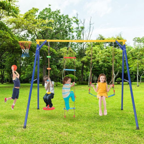 4-in-1 Heavy Duty Swing Set with 1 Basketball Hoop and 1 Adjustable Belt Swing