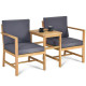 3 Piece Wooden Table and Chair Set with Cushions for Outdoor