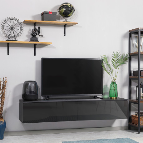 160cm High Gloss Floating TV Unit Stand for TVs up to 70", Wall Mounted TV Cabinet with Storage Cupboards, Grey and Black