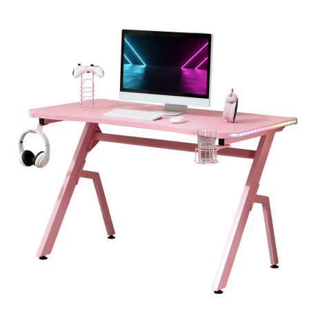 RGB 120 x 66cm Gaming Desk, Computer Table with Carbon Fibre Surface, Headphone Hook, Cup Holder, Controller Rack, Home Office D