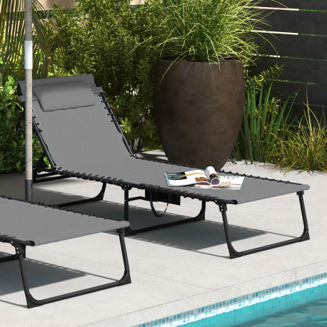 Outsunny Foldable Sun Lounger with 5-level Reclining Back, Outdoor Tanning Chair Sun Lounger with Build-in Padded Seat, Side Poc