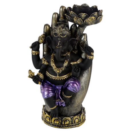 Decorative Purple, Gold & Black Ganesh - Lotus Tea Light Holder