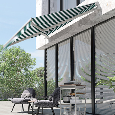 Outsunny 3 x 2.5m Patio Awning, Anti-UV and Waterproof Sun Shade Canopy with Chain Drive and Hand Crank, Green/White Stripes