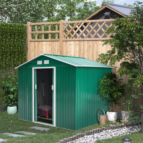 Outsunny 9 x 6ft Metal Garden Shed, Outdoor Storage Tool House with Ventilation Slots, Foundation Kit and Lockable Double Doors,