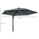 Outsunny 2.5m Wall Mounted Parasol, Hand to Push Outdoor Patio Umbrella with 180 Degree Rotatable Canopy for Porch, Deck, Garden