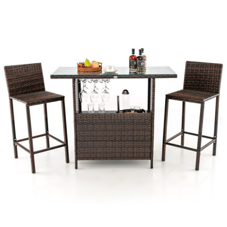 3 Pieces Patio Wicker Bar Height Table and Chair Set with 3 rows stemware racks