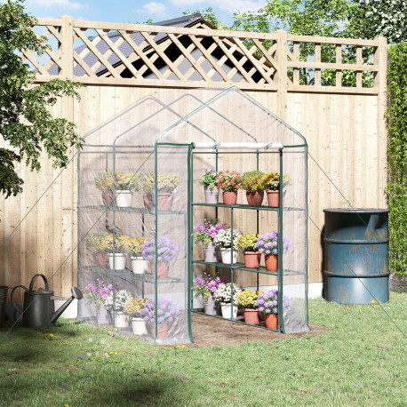 Outsunny Walk in Greenhouse with 3-Tier 8 Shelves, Green House with Hemmed Cover, Roll-up Zipped Door, Steel Frame, 143 x 143 x 