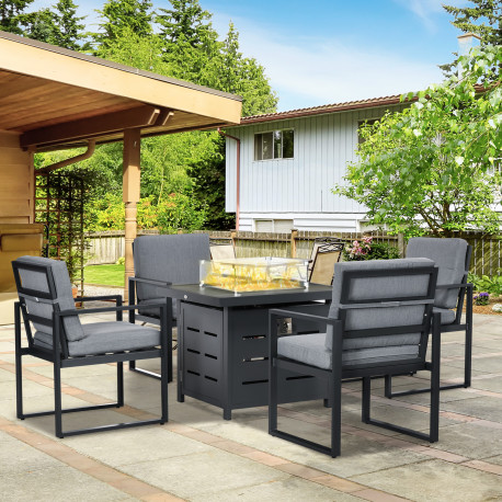 Outsunny 5-Piece Aluminium Garden Furniture Sets, 4 Seater Outdoor Conversational Dining Set with Gas Fire Pit Table Cushions fo