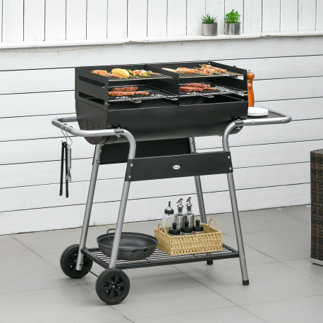 Outsunny Charcoal Barbecue Grill BBQ Trolley with Double Grill, Side Table, Storage Shelf, and Wheels for Outdoor Cooking, 130 x