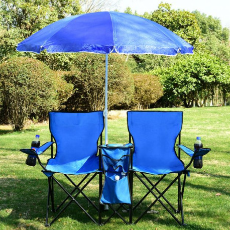 Portable Double Camping Chair with Umbrella and Ice Bag