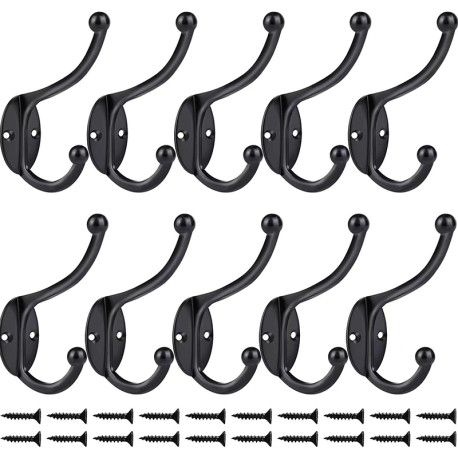 10 pcs Zinc Alloy Double Hat and Coat Hooks Door and Wall Clothing Hangers - Black