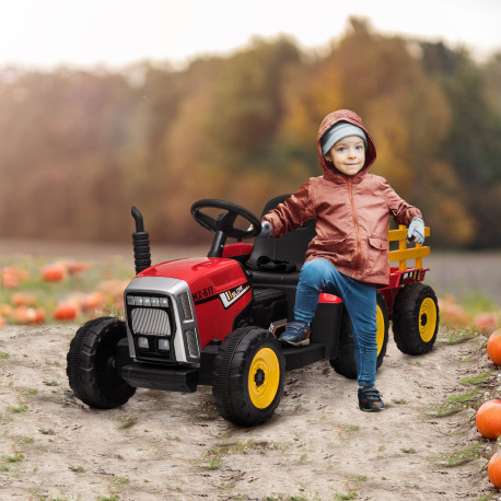 Ride On Tractor, Battery Powered Electric Car, with Detachable Trailer, Remote Control, Music - Red