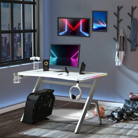 RGB 120 x 66cm Gaming Desk, Computer Table with Carbon Fibre Surface, Headphone Hook, Cup Holder, Controller Rack, Home Office D