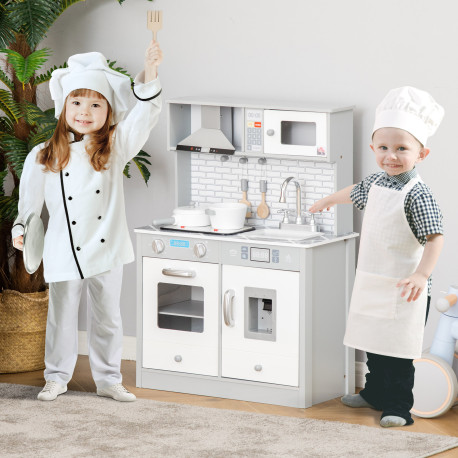 Kids Wooden Toy Kitchen Pretend Play Cooking Playset w/ Sound & Light Effect, Battery Operated Cooktop, Ice Machine, Marble Patt